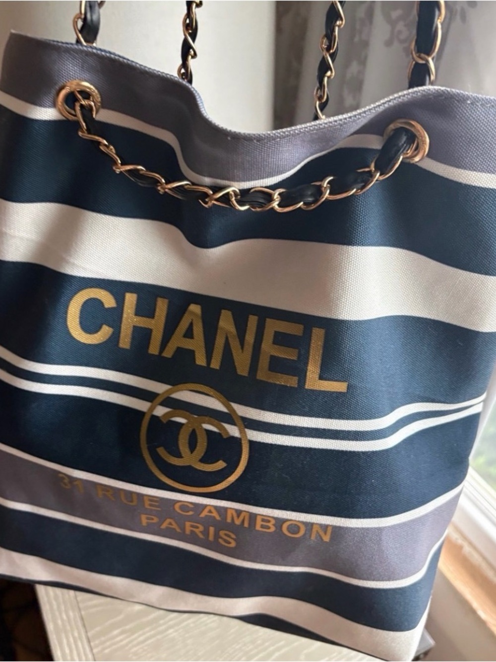 Luxury Tote Navy, White & Gray Striped Chain-Handle Tote NWT - Picture 5 of 12